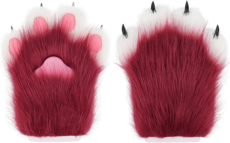 hbbhml Faux Fur Plush Furry Cat Claw Gloves Fursuit Animal Fox Paws Mittens Halloween Cosplay Costume Accessories for Adult - Image 1